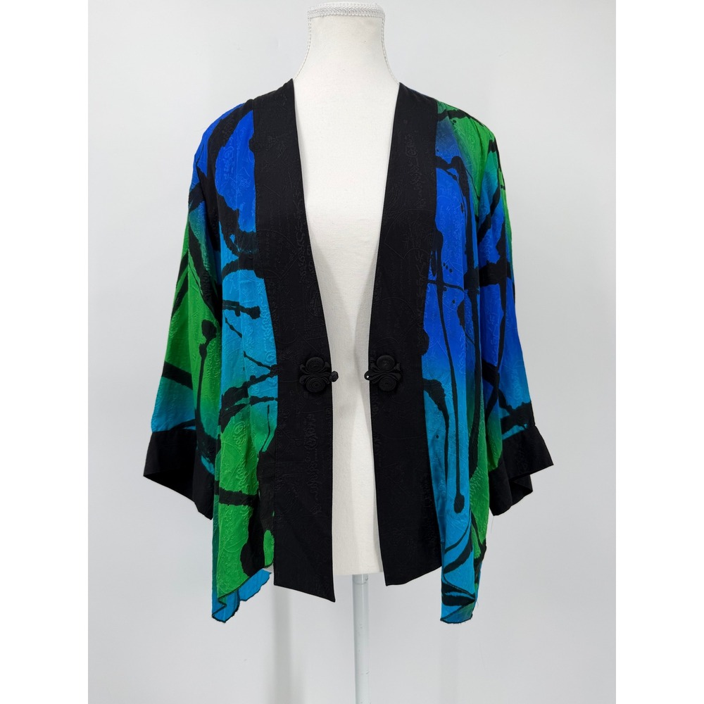 Simply‎ Silk Womens Medium Blue Green Abstract Jacquard Silk Kimono Jacket Frog